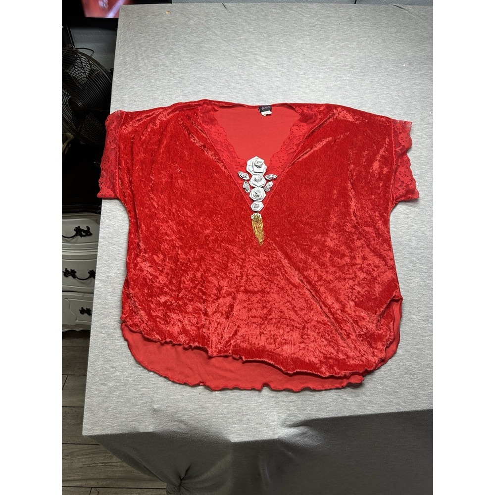 VTG Fredericks Of Hollywood Red Velvet Beaded Rose Blouse 3X